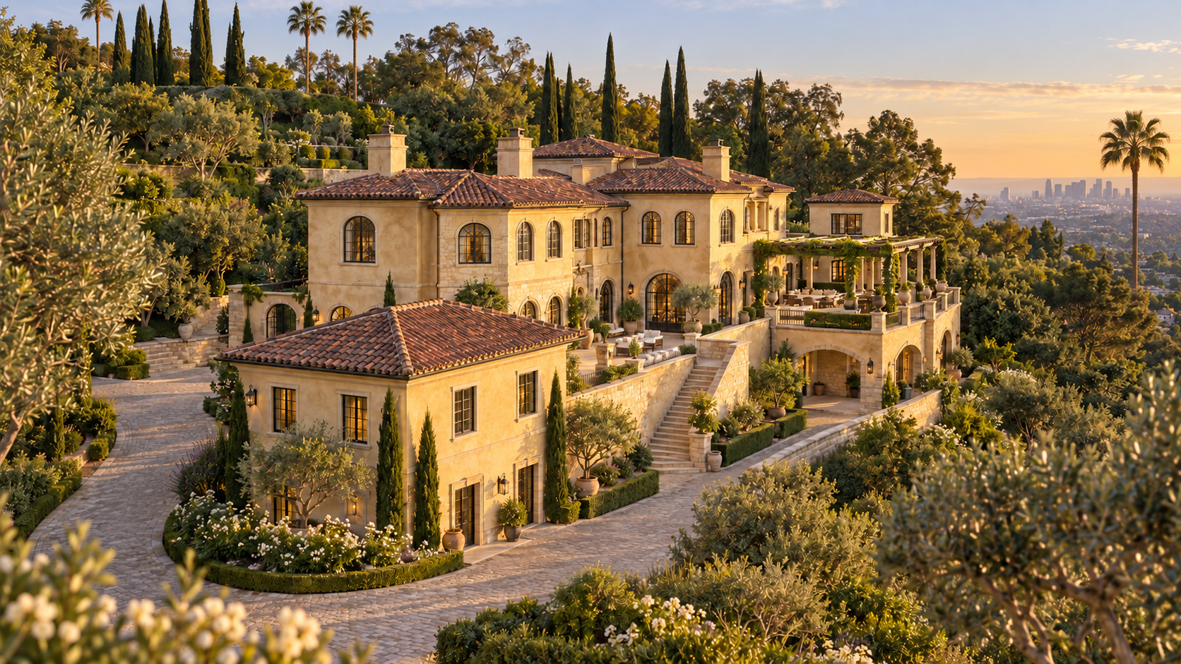 The Bowmont Estates, a new private residence on a hillside in Bel Air, Los Angeles, at golden hour